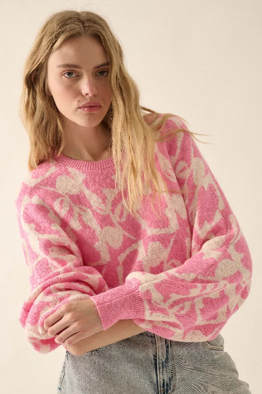 Abstract Garden Floral Jacquard Cropped Sweater Embroidered Appliqued Beaded