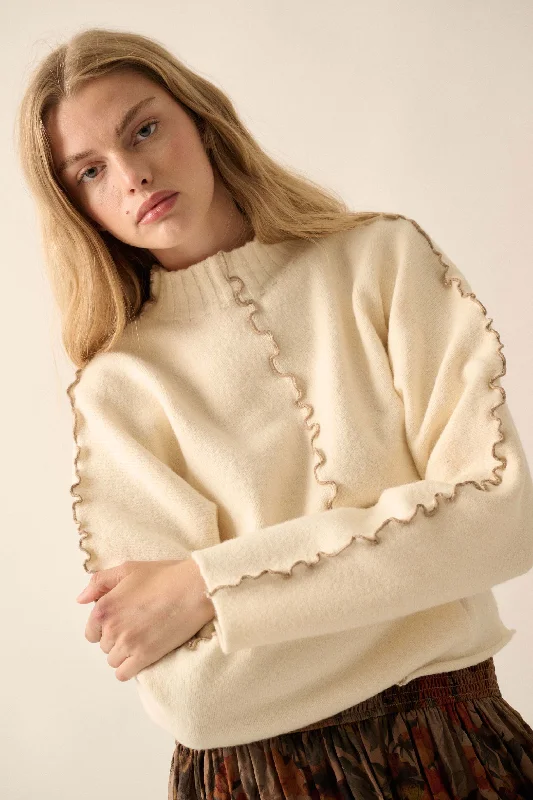 Wave Hello Lettuce-Edge Mock-Neck Sweater Polka Dot Checkered Tartan
