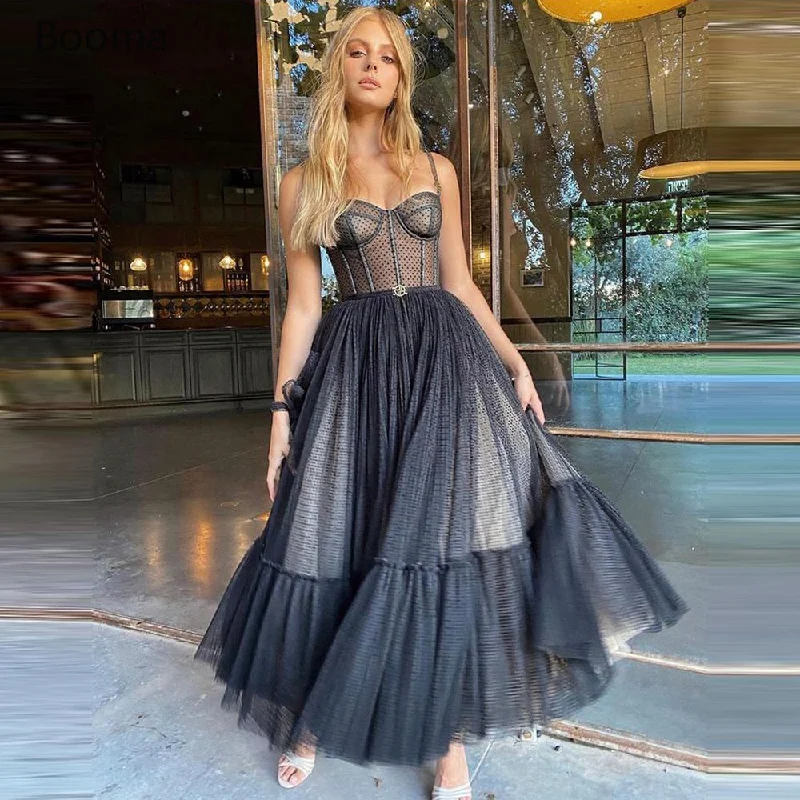 StoreXQ Black Dotted Tulle Prom Dresses Spaghetti Straps Boning A-Line Short Prom Gowns Illusion Tea-Length Wedding Party Dresses Tunics Versatile functional