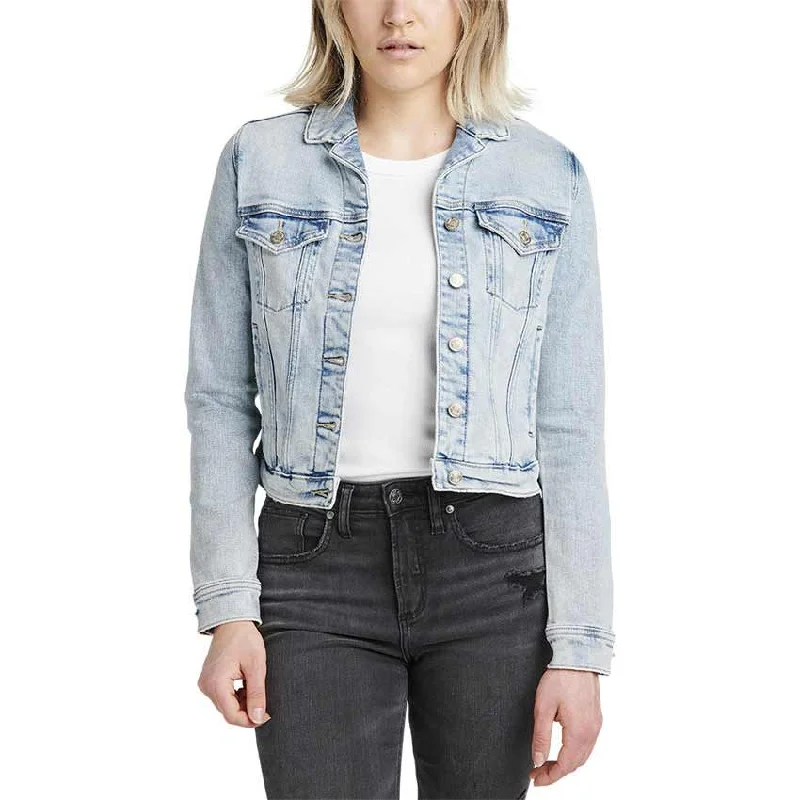 Silver Jeans Women's Fitted Cropped Jean Jacket Notch Collar Peter Pan Collar Cowl Neck