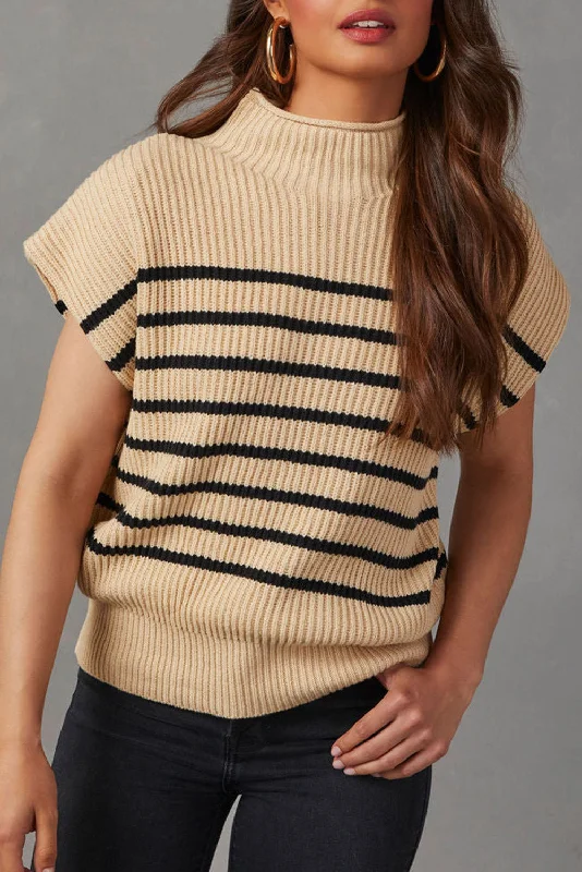 Striped Ribbed Knit High Neck Sweater Real Fur Shearling Chenille