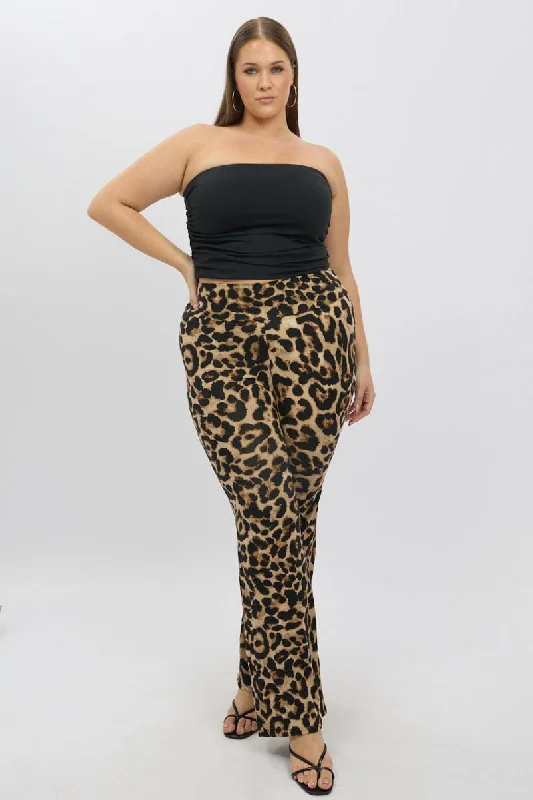Brown Animal Print Jersey Leopard Flare Pants Chic Faux Leather Pants