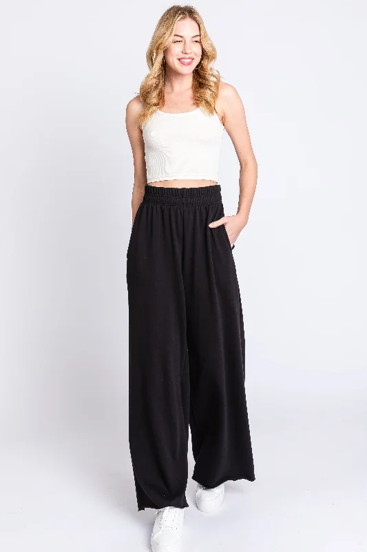 Black Soft Fleece Wide Leg Lounge Pants Comfortable Denim Leggings