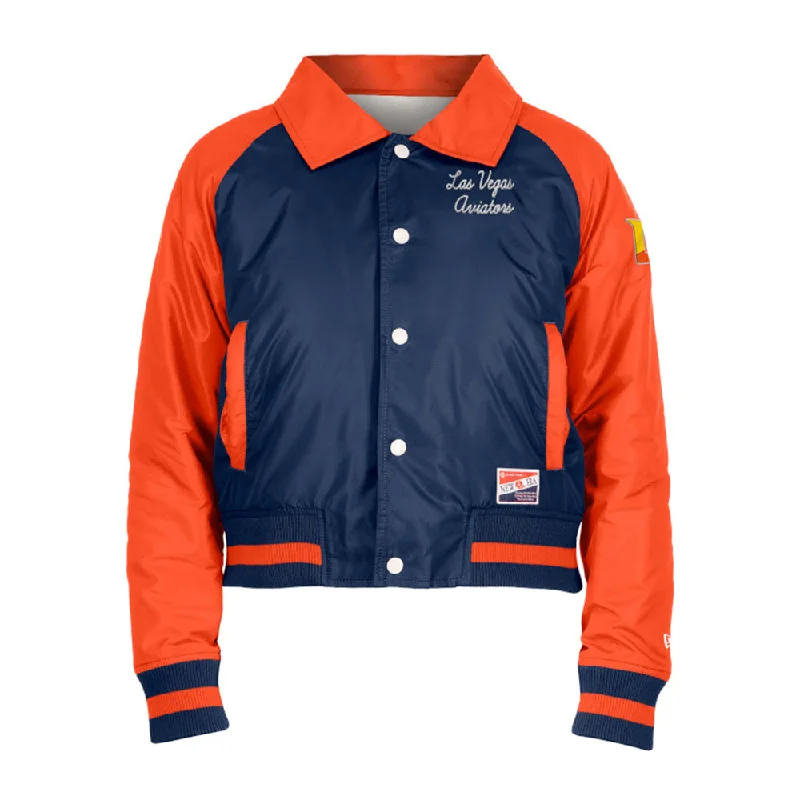 Women's Las Vegas Aviators New Era Left Chest Script/Chenille Back Navy/Orange Button-Up Jacket Satin Jacket Silk Jacket Chiffon Jacket Women's Las Vegas Aviators New Era Left Chest Script/Chenille Back Navy/Orange Button-Up Jacket Satin Jacket Silk Jacket Chiffon Jacket