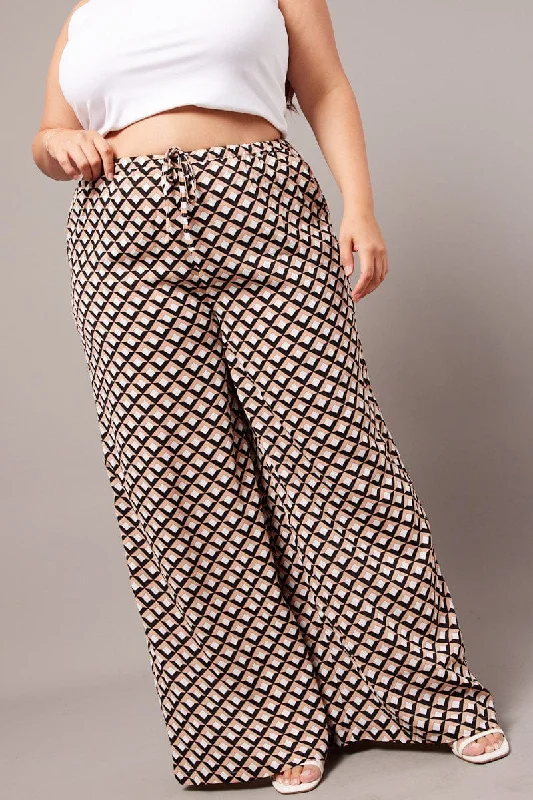 Brown Geo Wide Leg Pants High Rise Chic Black Leggings
