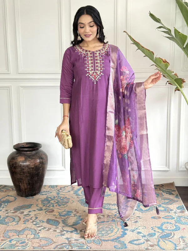 Purple Attractive Looking Readymade Pant Suit With Printed Embroidery Work Chic Faux Leather Pants