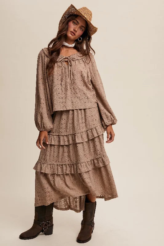 Lace Tiered Maxi Skirt Set - Taupe lace skirt intricate