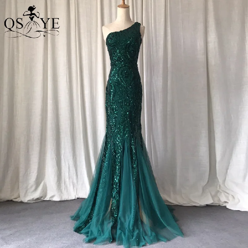 One Shoulder Emerald Evening Dresses Green Sequined Long Mermaid Prom Gown Glitter Elegant Party Dress Pattern Lace Formal Dress Tunics Fleece cozy