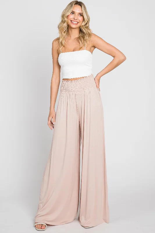 Light Pink Smocked Waist Flowy Pants Wide-Legged Palazzos
