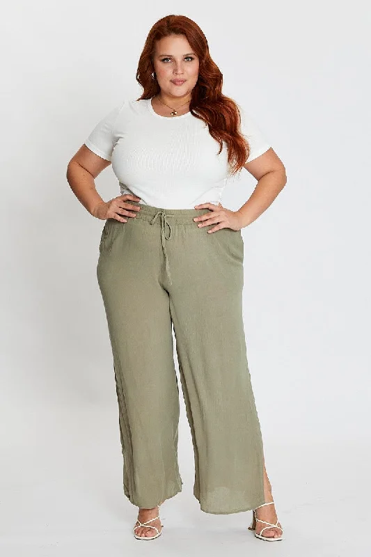 Green Elastic Waist Brown Crinkle Wide Leg Pants Classic Stretch Pants