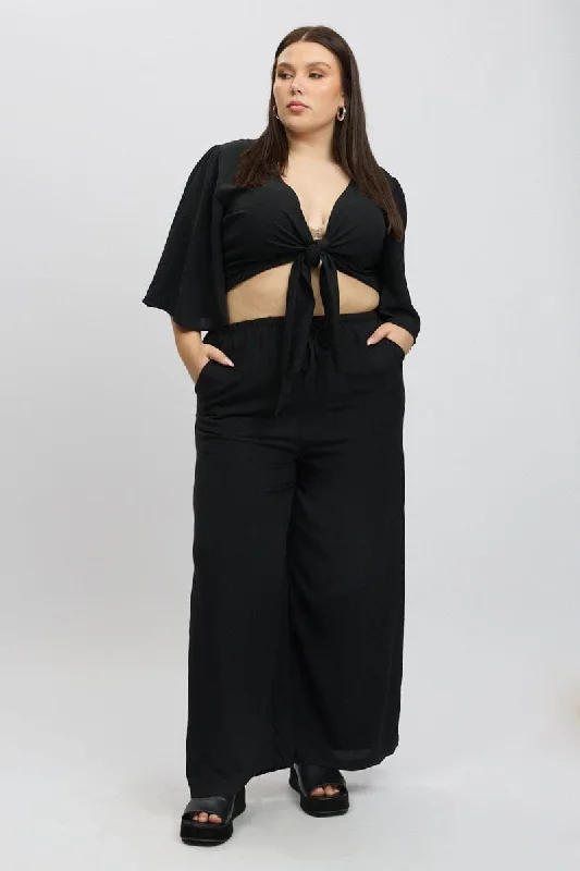Black Textured Georgette Lined Wide Leg Pants Comfortable Maternity Pants