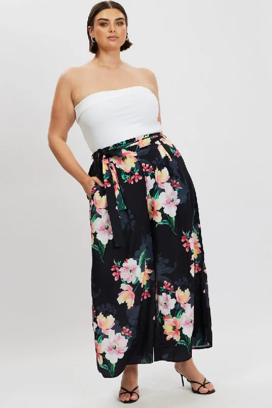 Black Floral Wide Leg Pleat Front Crepe Pants Comfortable Denim Leggings