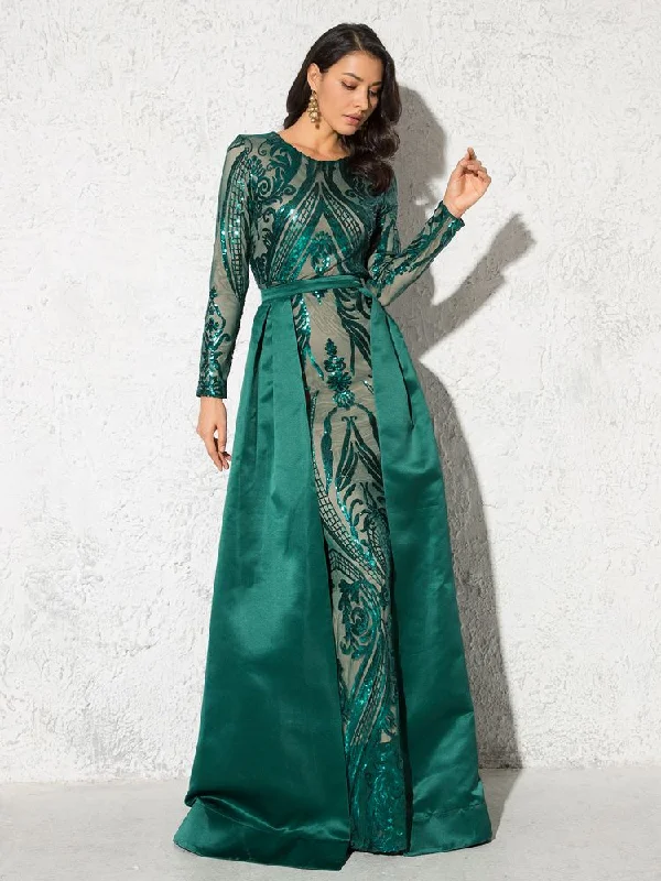 Green Sequined O Neck Full Sleeved Evening Party Dress Stretchy Floor Length Ball Gown with Detachable Train Burgundy Tunics Long Elegant