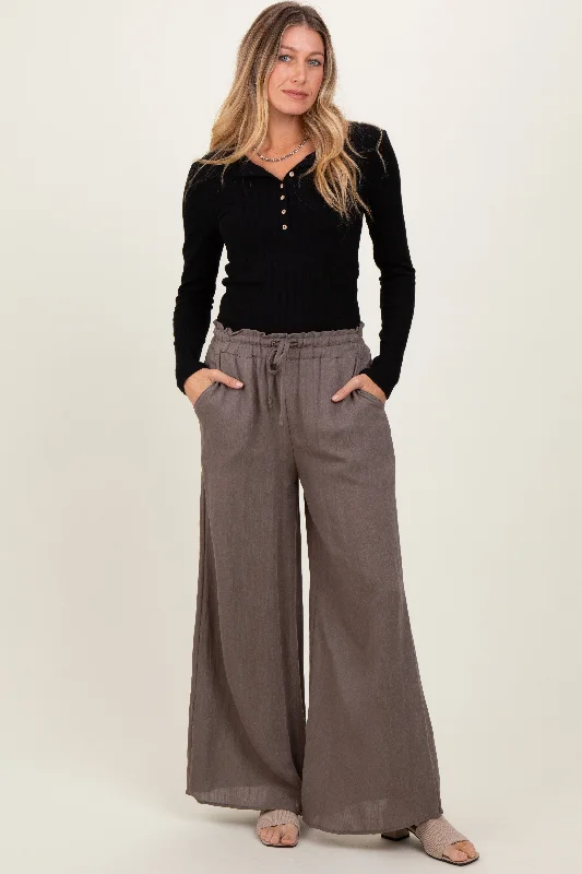 Mocha Ruffled Drawstring Waist Wide Leg Pants Casual Skinny Fit Pants