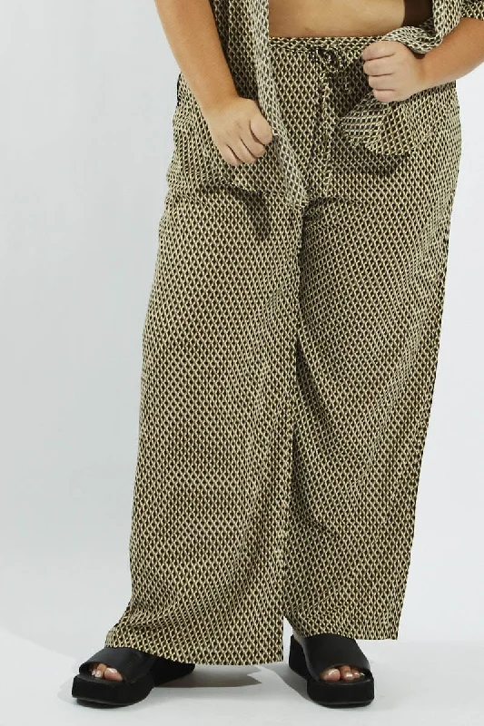 Brown Geo Wide Leg Pants High Rise Comfortable Jogging Pants
