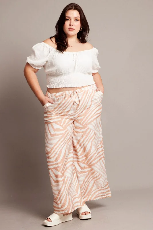 Beige Abstract Elastic Waist Wide Leg Pants Cozy Jogger Leggings
