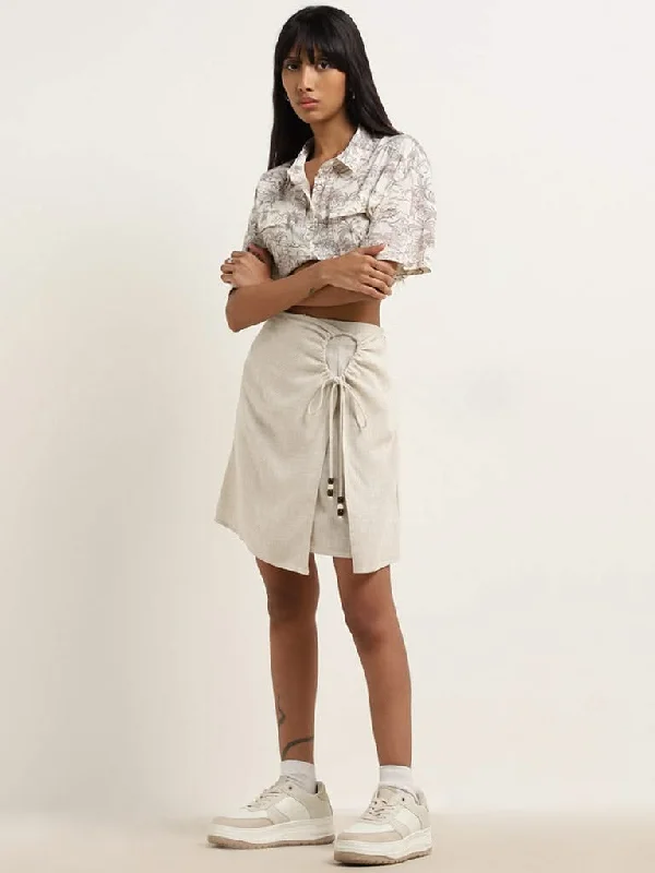 Nuon Beige Cut-Out Detailed Blended Linen High-Rise Skirt denim skirt classic