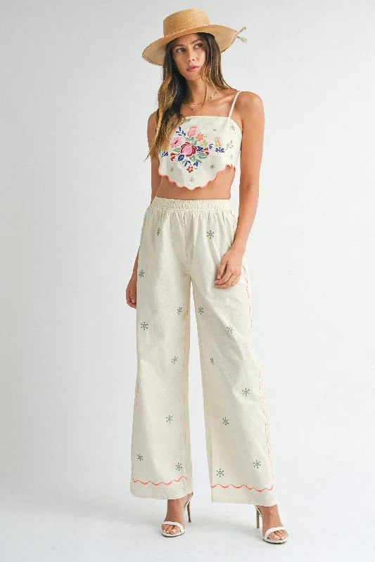 Taupe Linen Embroidered Scarf Top & Pants Set Chic Wool Trousers