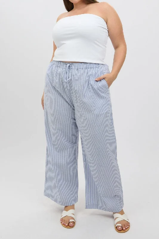 Blue Stripe Stripe Elastic Waist Wide Leg Pants Casual Yoga Pants
