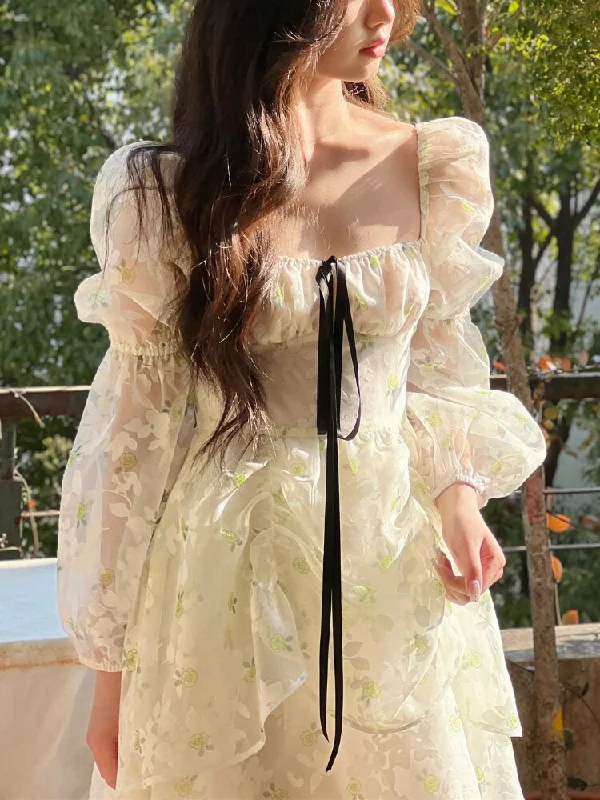 Lizakosht  Summer Sweet Floral Midi Dress Long Sleeve Elegant Short Party Dress Woman Casual Vintage One Piece Dress Korea Fashion Bow Tunics Top rated