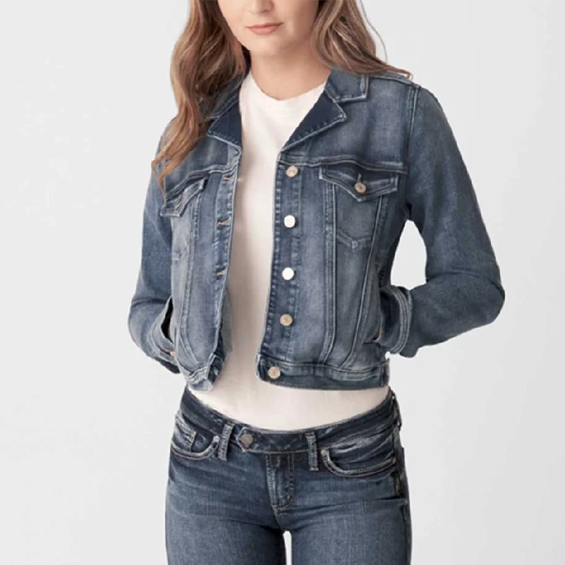 Silver Jeans Women's Notched Crop Jean Jacket Boat Neck Shawl Collar Notched Collar