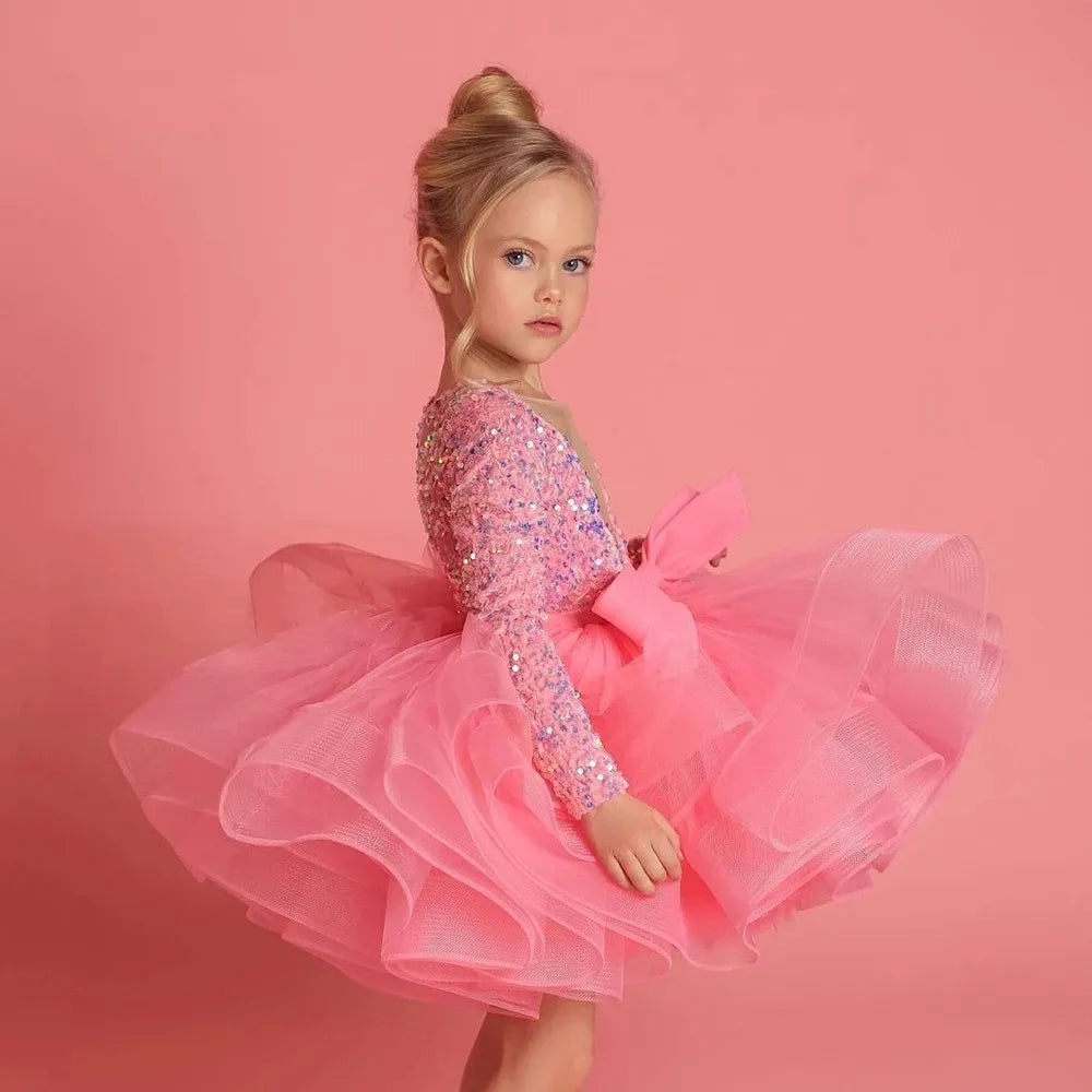 Pink Glitter Illusion Lush Girl Party Dresses Layers Puffy Girl Princess Dress Shiny luxurious Birthday First Communion Dresses Tunics Seasonal trendy