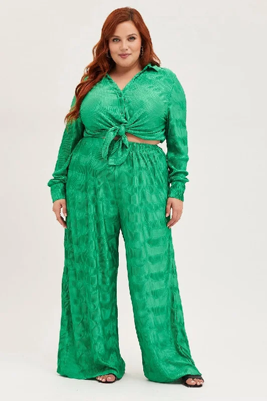Green Plisse Pants Wide Leg High Rise Casual Yoga Pants