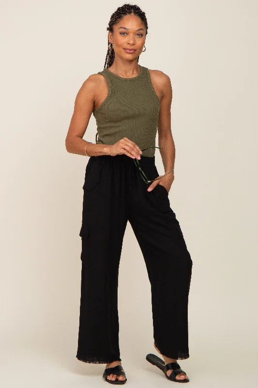 Black Raw Hem Cargo Pants Lightweight Linen Pants