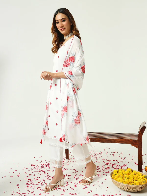 White Designer Readymade Cotton Pant Suit With Designer Printed Work High-Waist Jeans