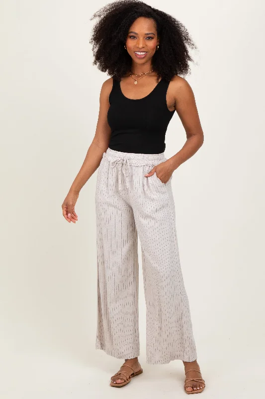 Cream Striped Drawstring Linen Blend Wide Leg Pants Comfy Cargo Trousers