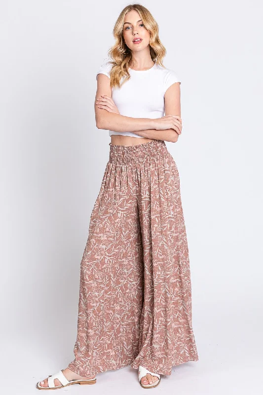Mauve Floral Smocked Wide Leg Pants Casual Drawstring Pants