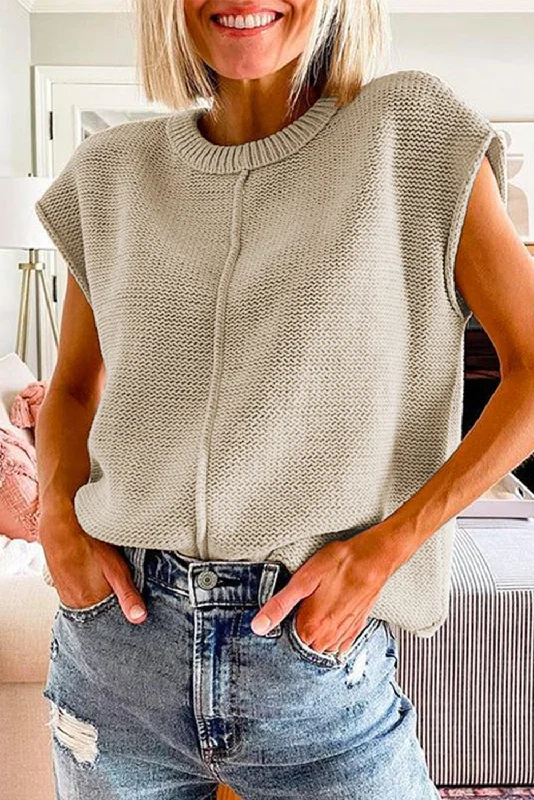 Solid Color Cap Sleeve Knitted Sweater Fitted Slim Tailored