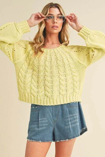 Aemi + Co Cable-Knit Openwork Round Neck Sweater Slim Fit Regular Fit Oversized