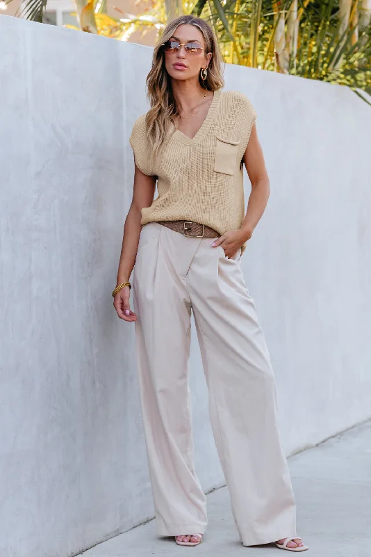Chest Pocket V Neck Ribbed Cap Sleeve Sweater Tailored Straight A-Line