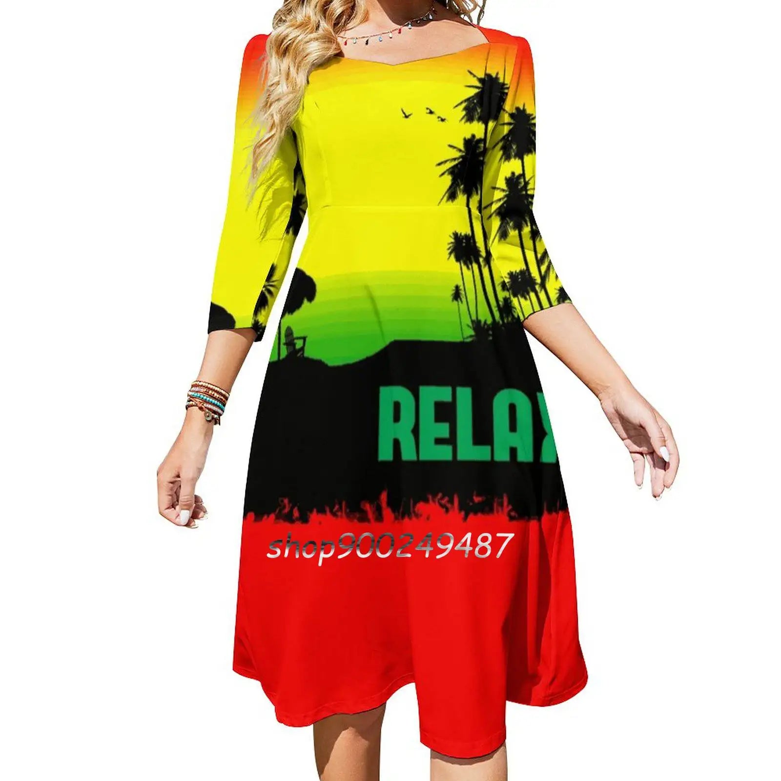 Rasta Relax Evening Party Dresses Midi Sexy Dress Female Sweet One Piece Dress Korean Beach Jamaica Rasta Rastafarian Ocean Tunics Formal black
