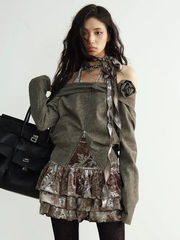 Retro Coffee-colored Flower Decoration One-shoulder Short Jacket JNY0184 Chenille Jacket Brocade Jacket Lace Jacket Retro Coffee-colored Flower Decoration One-shoulder Short Jacket JNY0184 Chenille Jacket Brocade Jacket Lace Jacket