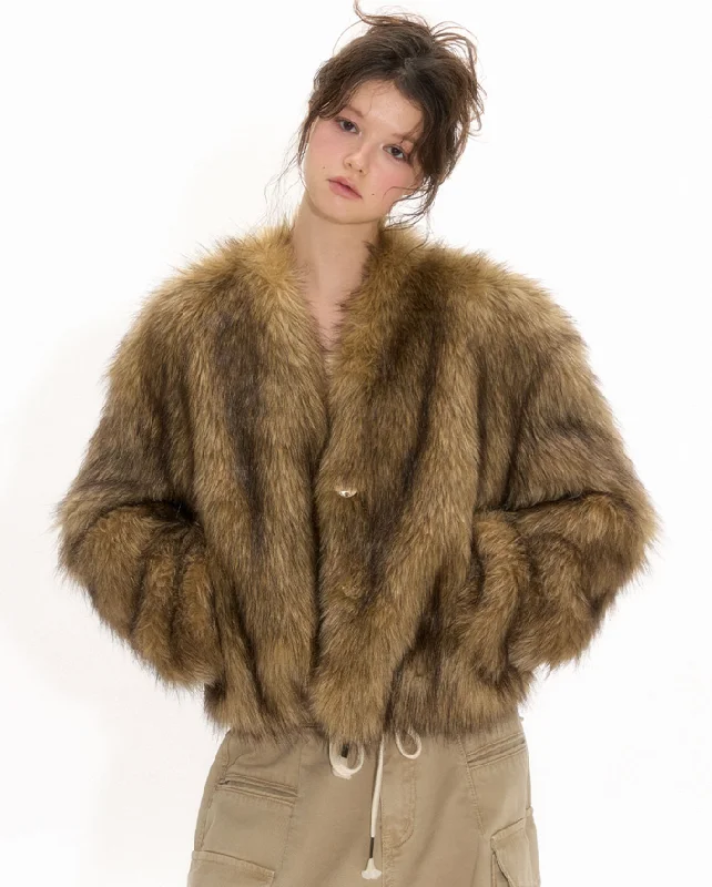 Chocolate colored imitation fox fur short jacket NEC0112 Zippered Jacket Buttoned Jacket Snapped Jacket Chocolate colored imitation fox fur short jacket NEC0112 Zippered Jacket Buttoned Jacket Snapped Jacket