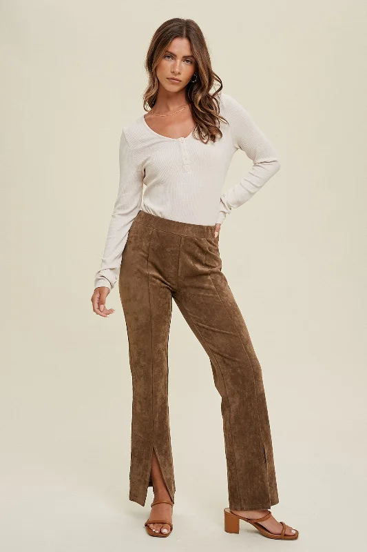 Mocha Suede Pants With Front Slit Detail Comfy Zip-Up Pants