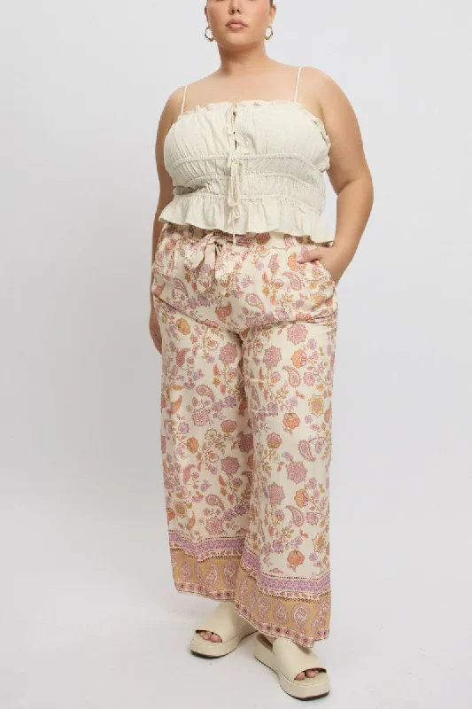 Beige Boho Tie Front Pants Trendy Wide-Leg Pants