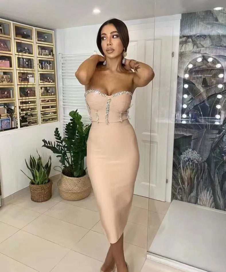 High Quality Red Khaki Black Strapless Crystal Beading Rayon Bandage Dress Elegant Club Party Dress Vestidos Tunics Timeless classic
