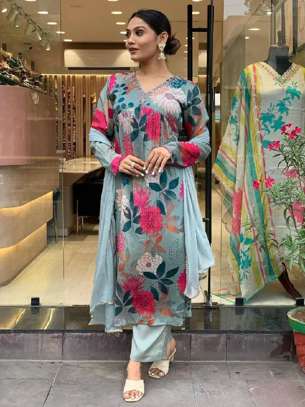 Grey Attractive Looking Readymade Pant Suit With Designer Printed Embroidery Work Lightweight Linen Pants