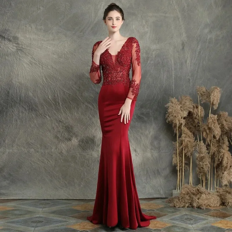 Burgundry V-neck Appliques Beaded Long Sleeve Evening Dress See through Elegant Evening Party Dress Tunics Formal black