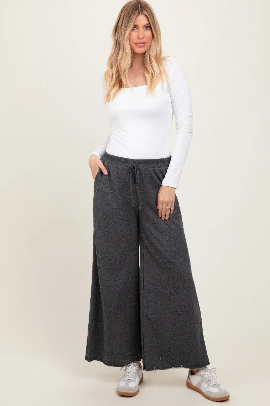 Charcoal French Terry Raw Edge Wide Leg Pants Fashionable Work Pants