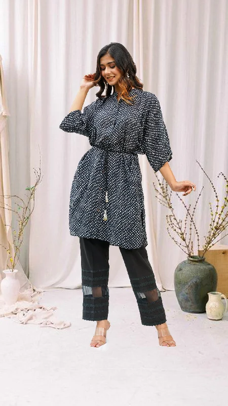 Black Bhandej Print Kurta Dress with Dori belt & Cotton Pants Soft Cotton Pants