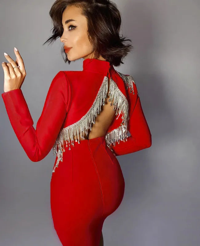 High Quality Red Black Sexy Fashion Sparkly Backless Diamonds Tassel Rayon Bandage Dress Cocktail Party Dress Vestidos Tunics Leisure comfortable