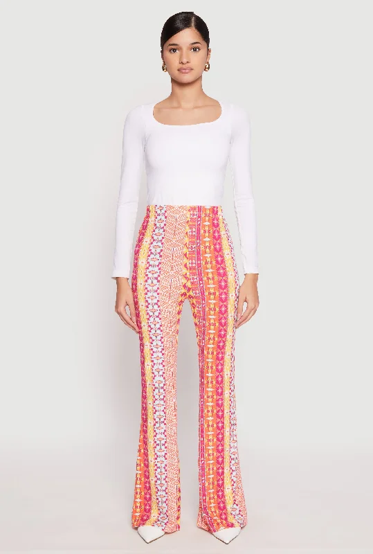 Border Print High Waist Flared Pants Soft Wool Pants