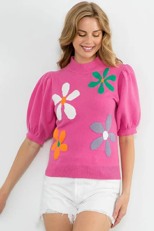 Floral Bubble Short Sleeve Sweater Mesh Blend Leather Blend Suede Blend