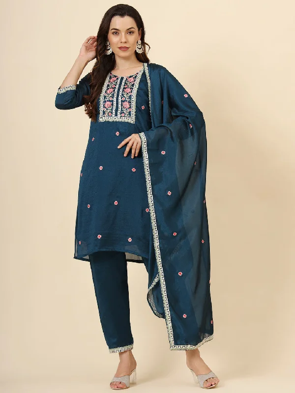 Teal Blue Designer Readymade Pant Suit With Designer Embroidery Work Elegant High-Waist Pants