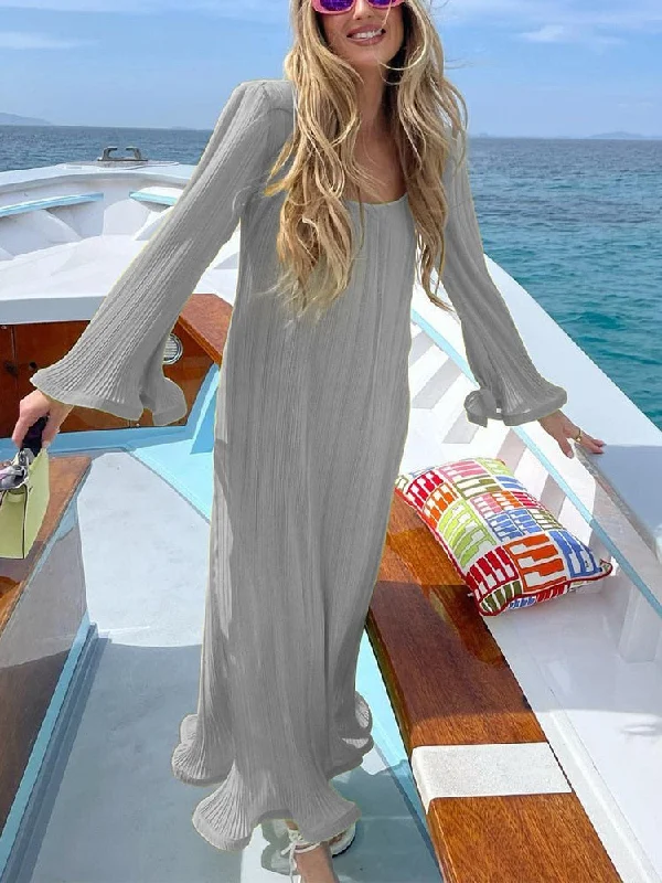 Fashion Casual Solid Pleated Beach Dress Elegant Spring U Neck Straight Party Dress Female Flare Long Sleeve Ruffles Loose Dress Turtleneck Warm Winter