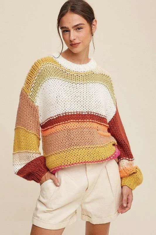 Listicle Open Mixed Knit Slouchy Hand Crochet Sweater Chenille Blend Fleece Blend Nylon Blend